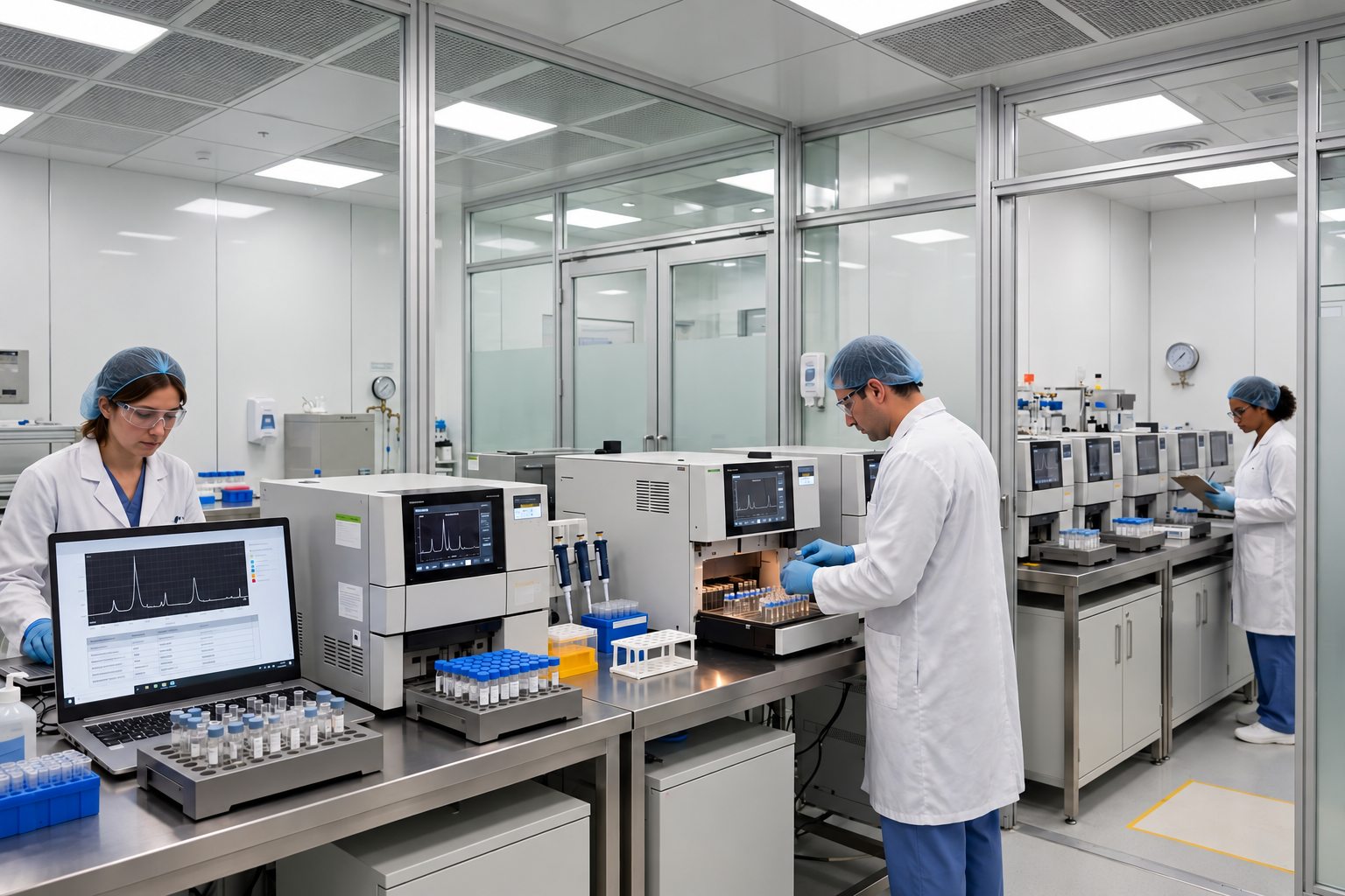 Illustrative glass-partitioned analytical laboratory with staff and instruments