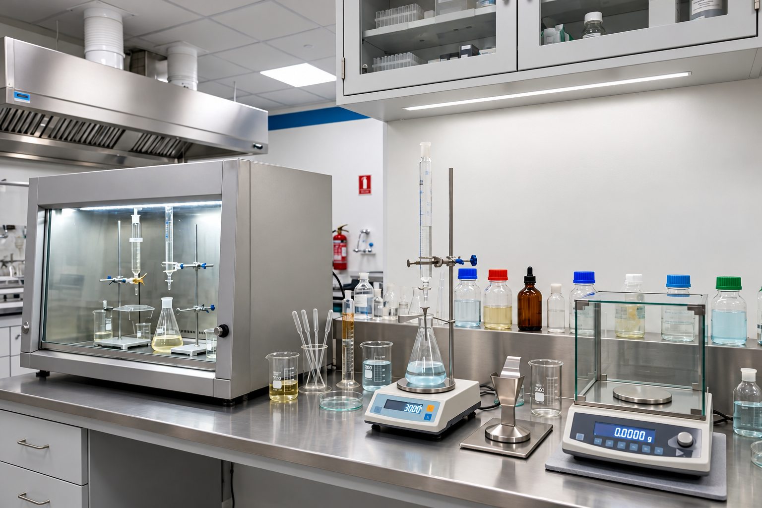 Illustrative chemical testing bench with ventilation and measuring equipment