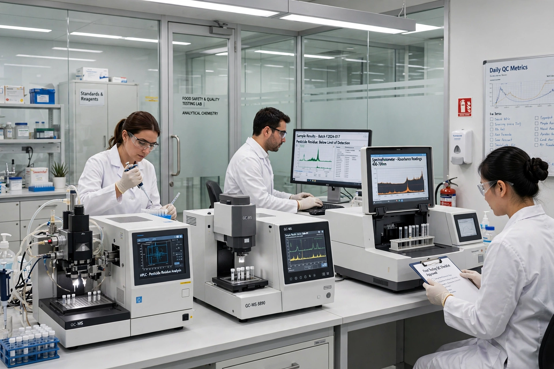 Illustrative food analytical laboratory with sample preparation and testing equipment