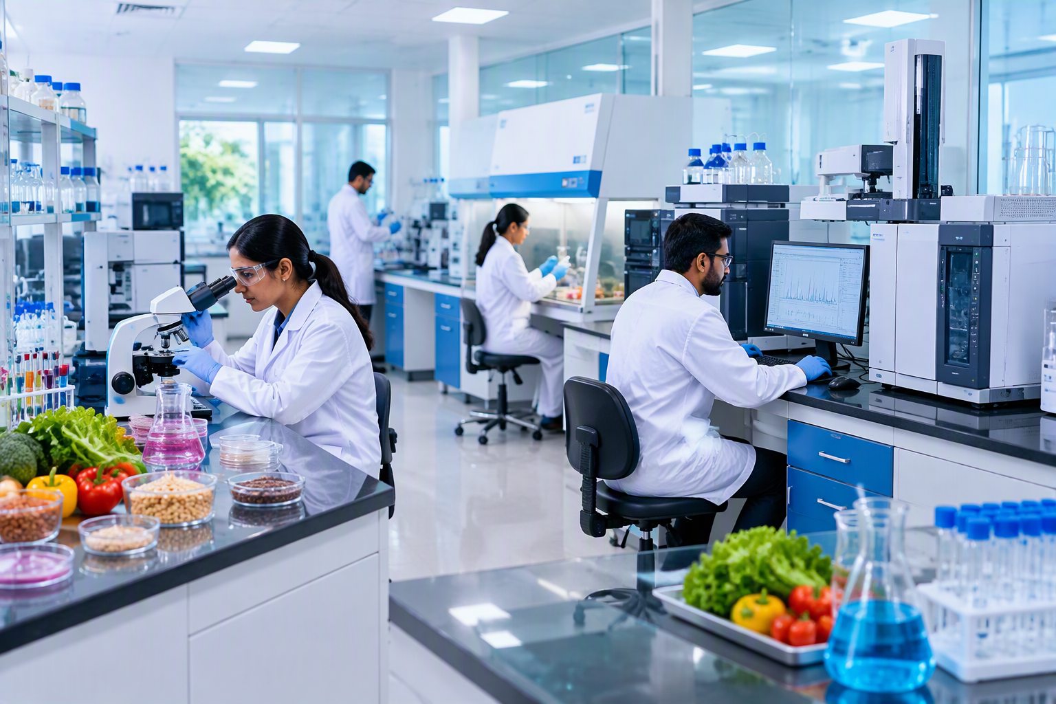Illustrative food testing workspace with staff, instruments and sample materials