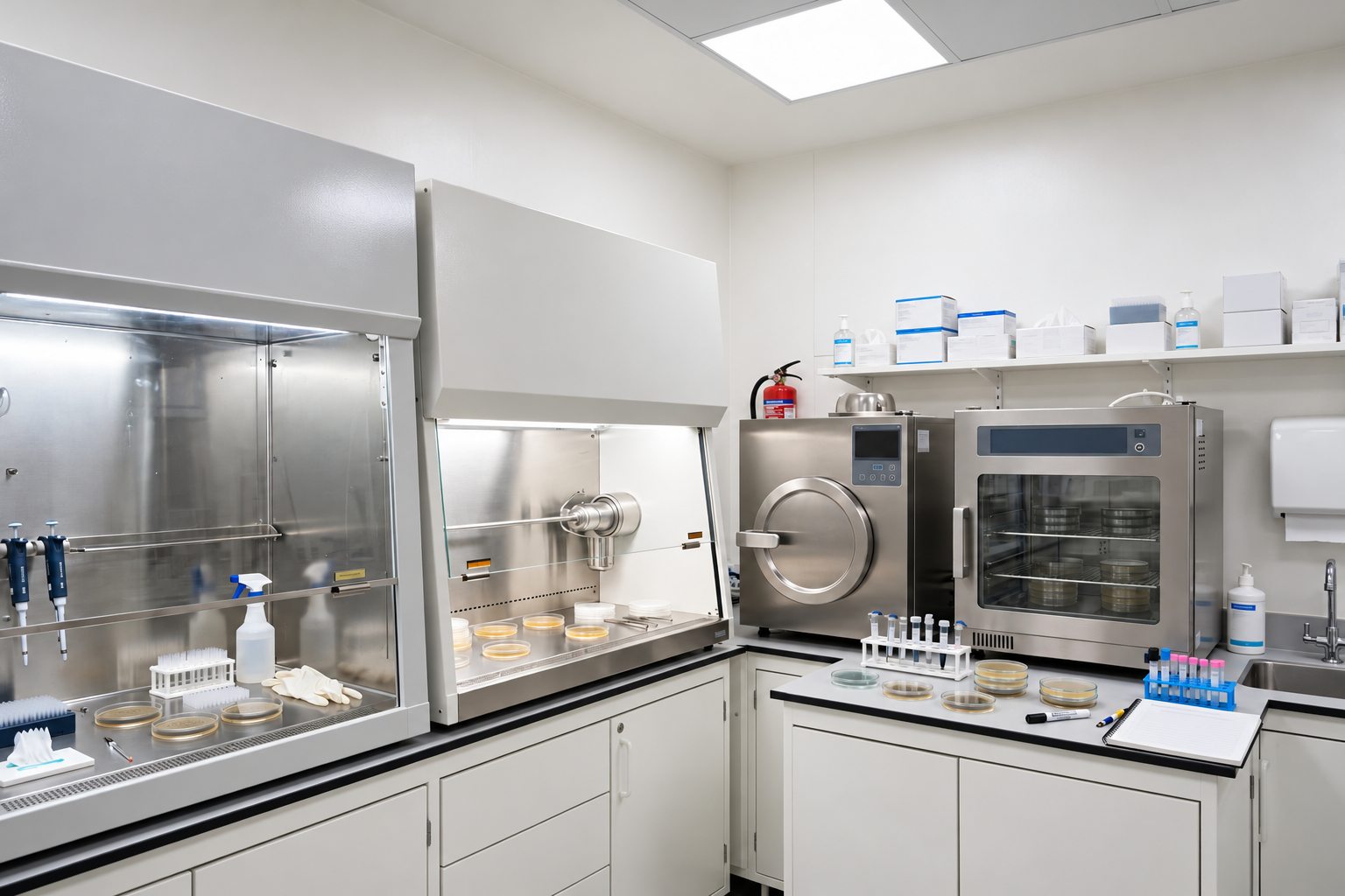 Illustrative microbiology workspace with containment and incubation areas