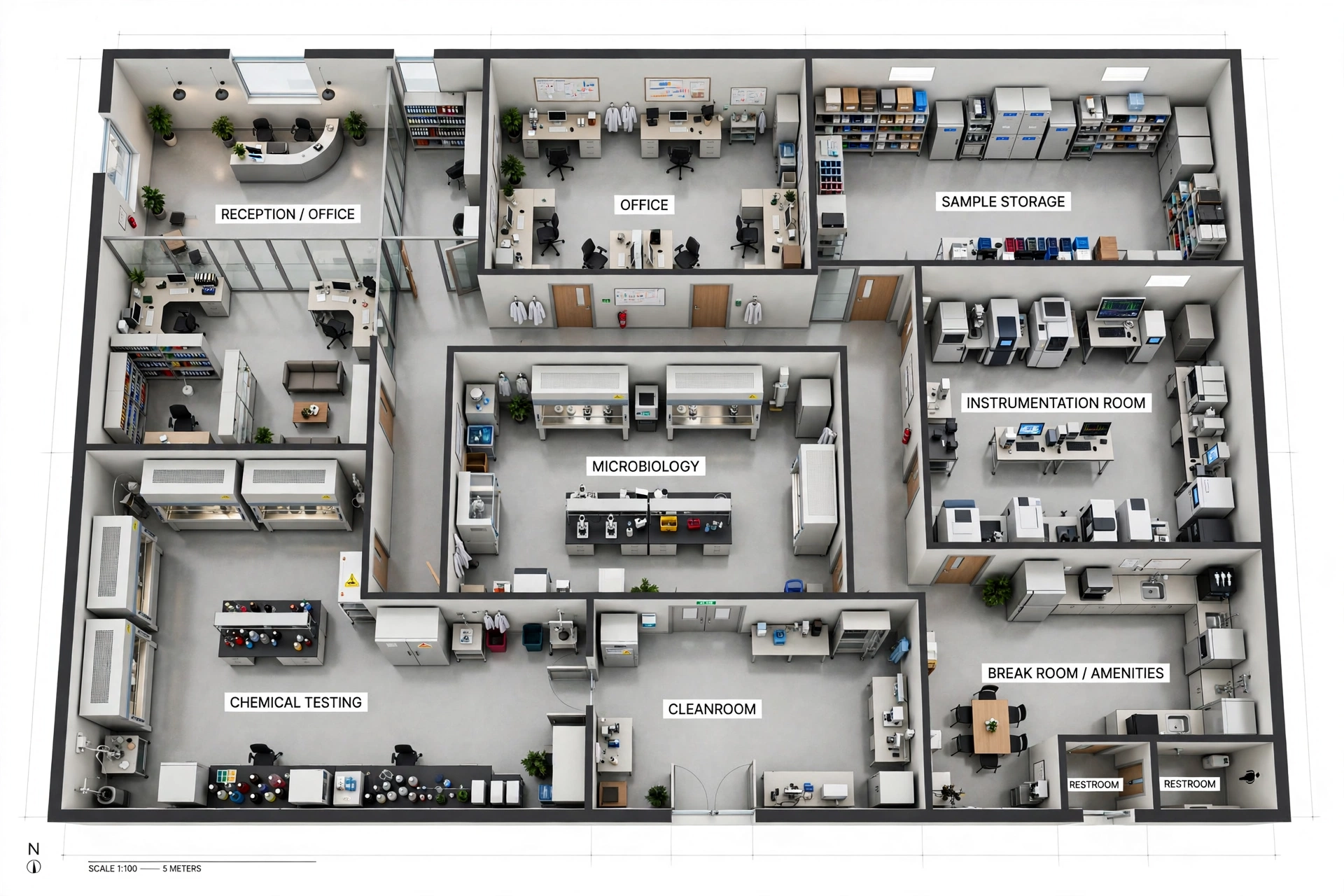 Illustrative overhead laboratory floor plan showing separated testing, storage, office and circulation areas