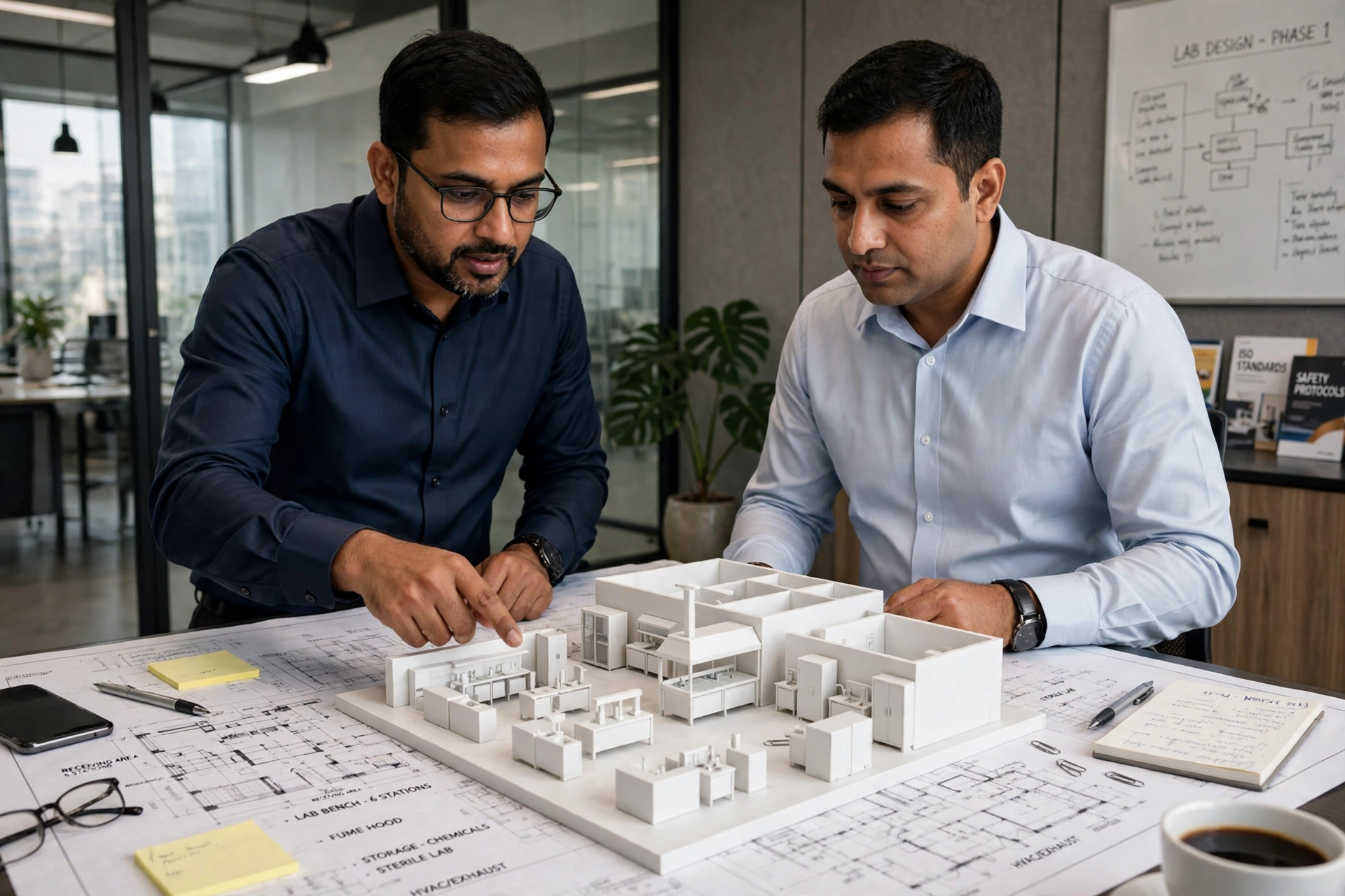 Illustrative planning discussion around a laboratory layout model